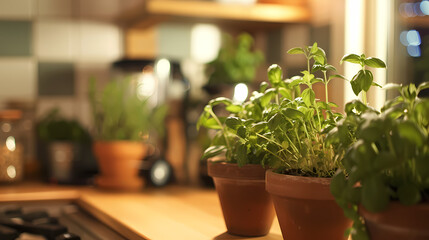 Personal indoor herb garden in a kitchen setting, capturing the freshness and utility of homegrown herbs