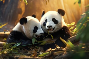Panda bears munching on bamboo in the forest. Ai generated
