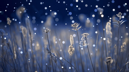 Close up of the light silver and dark navy dreamlike field of meadows with blue white sparks on the background