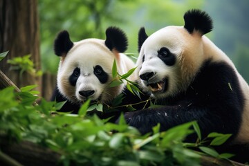 Panda bears munching on bamboo in the forest. Ai generated