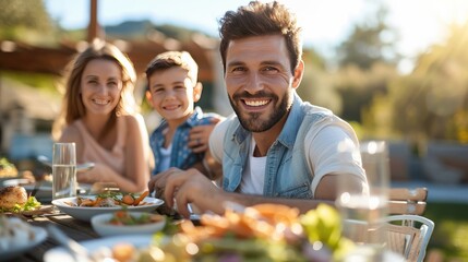 Father and mother having lunch outside with boy