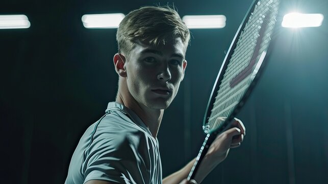 Intense male player focused on table tennis game, gym lights in background.