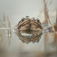 Para przytulonych  żab w stawie na wiosnę