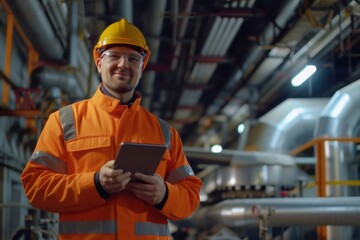 Professional engineer manager inspects warehouse with tablet in hand, radiating confidence and happiness on the job site.