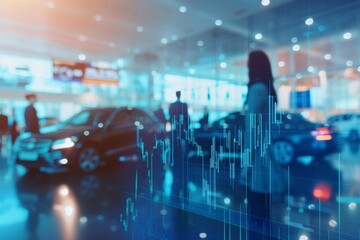 Stock market graph shows upward trend in luxury car sales at dealership. Automotive industry sees growth in leasing services. - obrazy, fototapety, plakaty