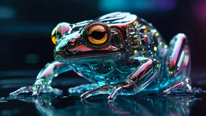Fototapeten close up of cybernetic transparent glossy frog with lights and chips and electrical terminations inside sitting on a leaves surface © Marino Bocelli