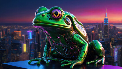 closeup of cybernetic transparent shiny frog with lights and chips and electrical terminations inside in a city street at night - obrazy, fototapety, plakaty