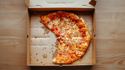 pizza in a cardboard box on a wooden background, top view