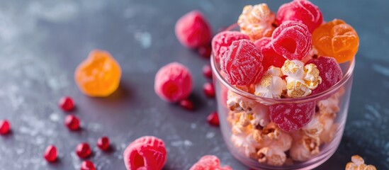 Assorted candies with popcorn in a glass cup, in vibrant red and pink hues.