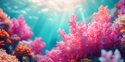 Naklejka na ściany i meble A beautiful colorful background showing a bright underwater world with extraordinary pink corals and algae. Bright sunlight. The banner
