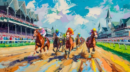Foto op Canvas racing horses competing others. Hippodrome. Racetrack. Equestrian. Derby. Horse sport. Watercolor painting, racing competition drawing, watercolor painting, Abstract colorful background, ai generated  © HayyanGFX