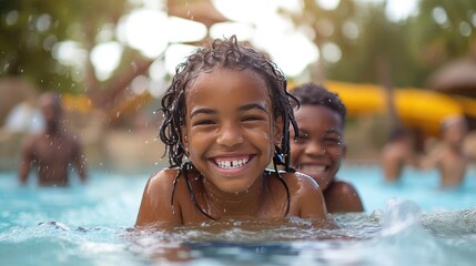 Closeup portrait of African american child girl swimming in pool.