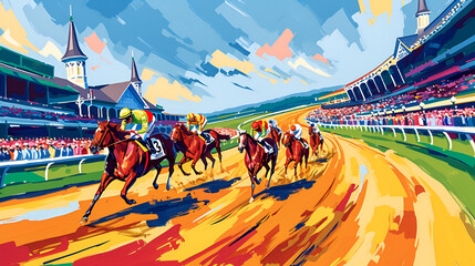 racing horses competing others. Hippodrome. Racetrack. Equestrian. Derby. Horse sport. Watercolor painting, racing competition drawing, watercolor painting, Abstract colorful background, ai generated  - obrazy, fototapety, plakaty