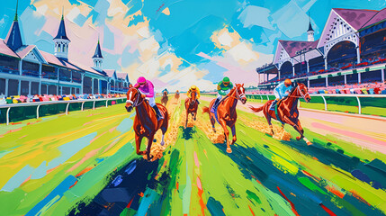 racing horses competing others. Hippodrome. Racetrack. Equestrian. Derby. Horse sport. Watercolor painting, racing competition drawing, watercolor painting, Abstract colorful background, ai generated 