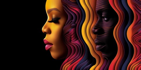 Man and woman face on black background, in the style of colorful layered forms.