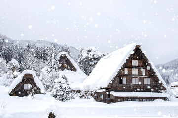 冬の白川郷。世界文化遺産にも登録されている日本の岐阜県にある有名観光地。