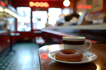 cup of coffee and donut, donuts. american diner, lunch or breakfast. retro cafee. restaurant ad,...