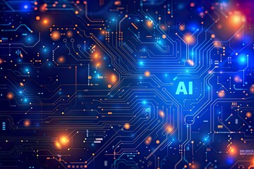 Obraz premium The letters AI on a futuristic blue circuit board. Artificial intelligence background concept.