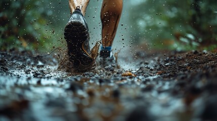 A man running and crawling in mud during rain with heavy detailed mud drops, Generative AI.