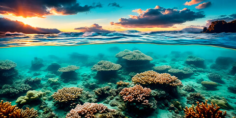 Fototapeta na wymiar Sunset sky, sea surface , underwater panorama below. Generative AI