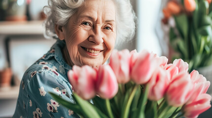 Joyful elderly woman with bouquet of tulips, radiating happiness warmth. Mother's Day, March 8, Senior Citizens' Day