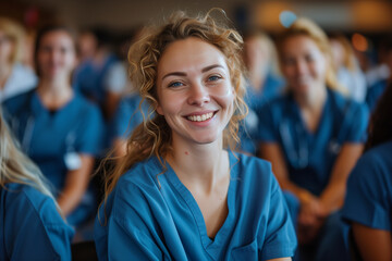 Obraz premium Smiling Young Female Medical Student in Blue Scrubs - Healthcare Education and Student Life Concept