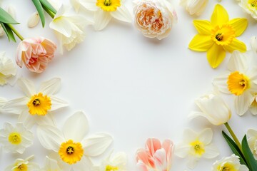 Naklejka na ściany i meble Beautiful floral background. Spring flowers frame, layout with yellow and white daffodils and white tulips on white background. Top view, flat lay, copy space for text