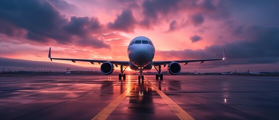 A plane with a evening sun backdrop with a big empty space in vibrant color, Generative AI. - obrazy, fototapety, plakaty