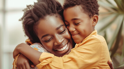 Black mother hugs her son tightly, their faces touching tenderly, sharing a sweet moment of connection, family relationships - Powered by Adobe