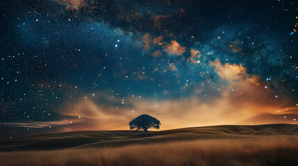 Fototapeta na wymiar starry sky over a field with a single tree in the middle