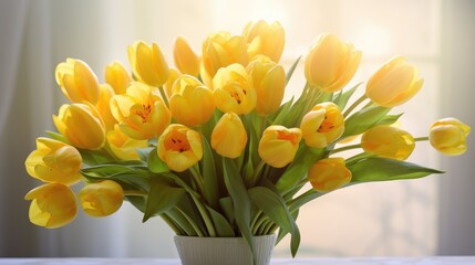 A bouquet of yellow tulips on the windowsill for congratulations on Mother's Day, Valentine's Day, Women's Day.