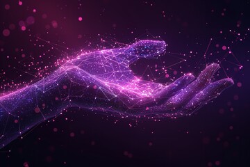 A purple hand in a digital backdrop with space hand-team collaboration low-poly wireframe, Generative AI.