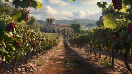 Wander through a picturesque vineyard where rows of lush grapevines stretch towards the horizon, as a rustic stone altar is adorned with clusters of ripened fruit, - obrazy, fototapety, plakaty