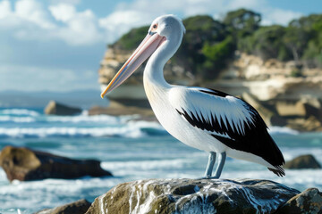 A pelican perched on a rocky outcrop by the sea