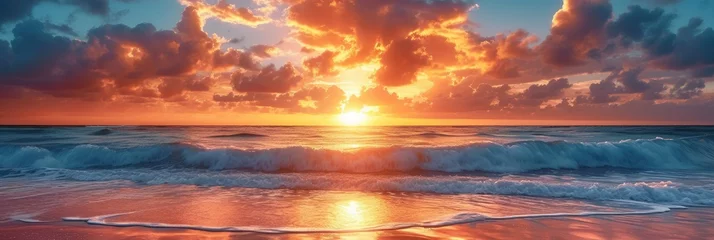 Foto op Aluminium Ocean sunset with sea waves horizontal panoramic banner at golden hour. © Barosanu