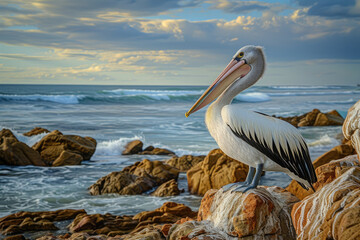 Fototapeta na wymiar A pelican perched on a rocky outcrop by the sea