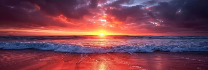 Deurstickers Ocean sunset with sea waves horizontal panoramic banner at golden hour. © Barosanu