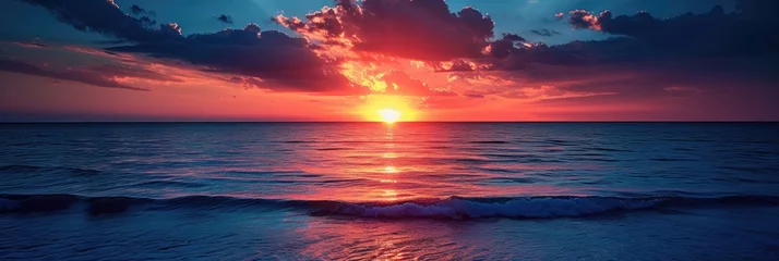 Poster Ocean sunset with sea waves horizontal panoramic banner at golden hour. © Barosanu