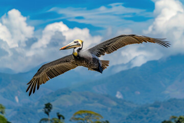 A pelican soaring gracefully in the sky, with its wings fully spread
