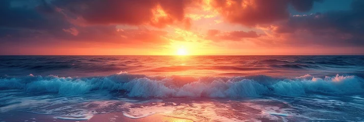 Foto op Plexiglas Ocean sunset with sea waves horizontal panoramic banner at golden hour. © Barosanu