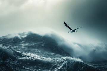 Fototapeta na wymiar A storm petrel gracefully gliding above turbulent waves during a storm