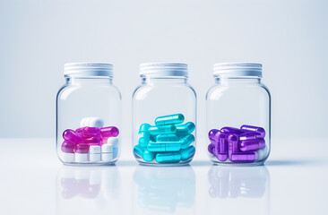 Colorful pills and capsules in glass bottle on white background with reflection