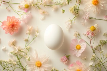 Obraz premium An Easter egg beautifully surrounded by different wildflowers. Beauty natural easter background in pastel color, fashion, minimal
