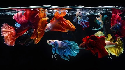 Beneath the Pristine Surface: A Cluster of Colorful Betta Fish Enlivens the Aquarium