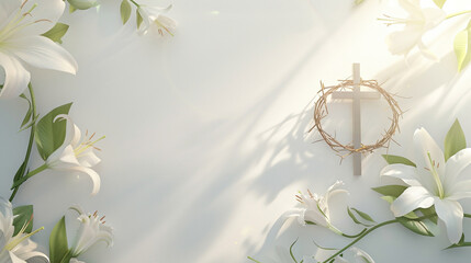 Easter concept, Wooden cross, crown of thorns and blooming lilies on a light background. Postcard...