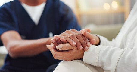 Empathy, closeup and nurse holding hands with woman for consulting with kindness, comfort or support. Sorry, understanding and health specialist with patient in consultation room, solidarity or hope - obrazy, fototapety, plakaty