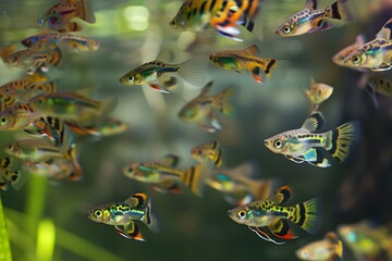 A Captivating Scene: Stunning Water Lilies and Neon Fish in the Calm Pond Waters