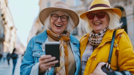 Cheerful senior ladies using modern gadget