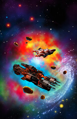 spaceships in the nebula with asteroids and stars, 3d illustration