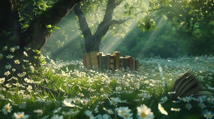 Wander through a sun-dappled forest glade where books grow like blossoms from the earth, their pages fluttering in the breeze like delicate petals. - obrazy, fototapety, plakaty